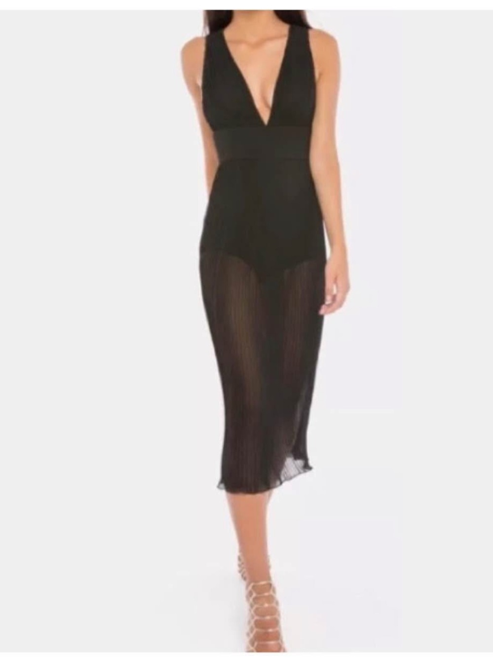 MISHA Black Pleated V-Neck Midi Dress